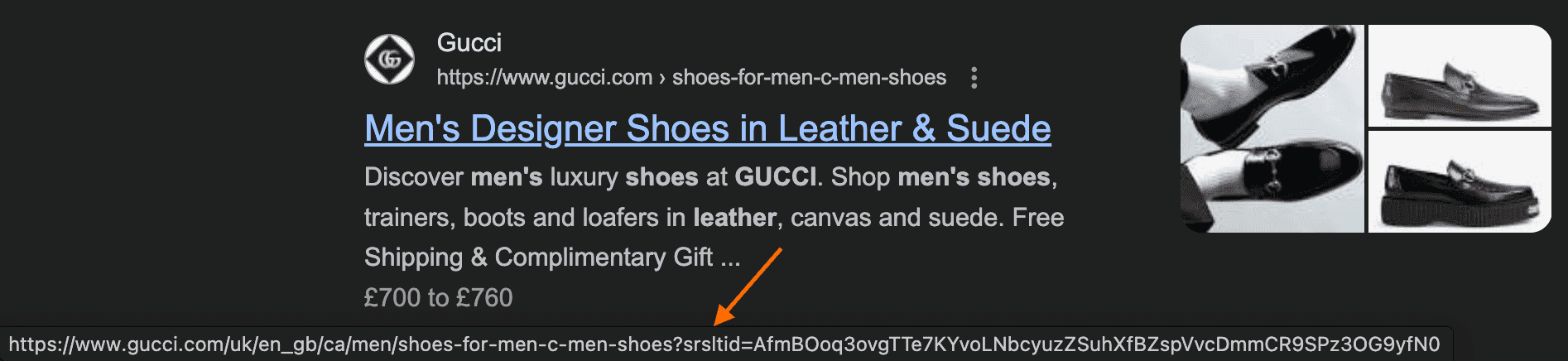 SERP result of Gucci mens black shoes showing the url containing the srsltid parameter in the URL