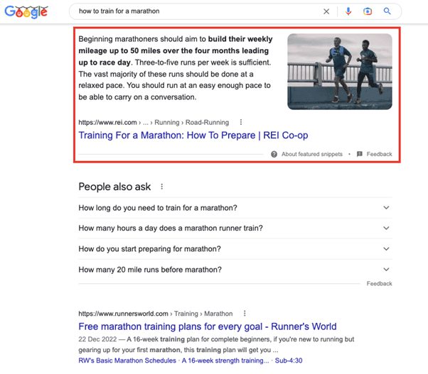 Featured snippet example for the search query ‘how to train for a marathon’