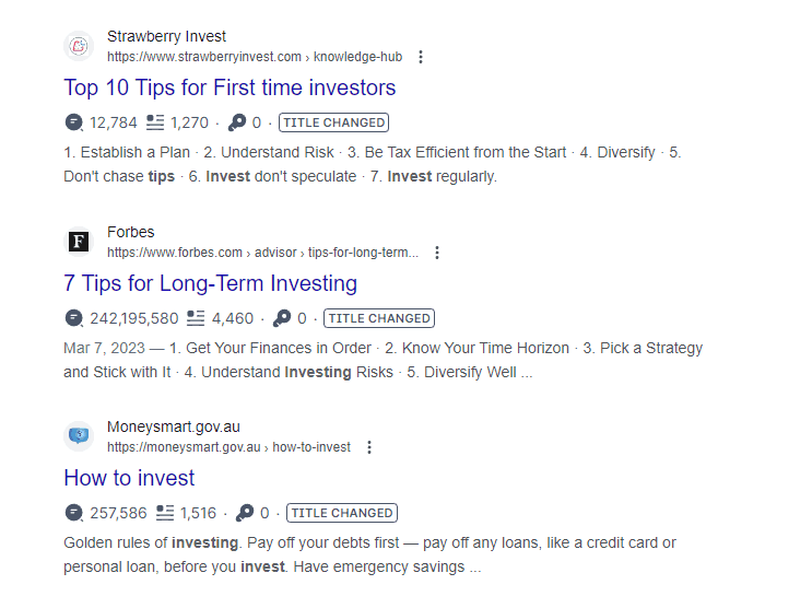 Google SERPs for Finance keyword