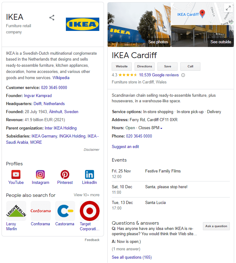 IKEA’s knowledge panel and business profile