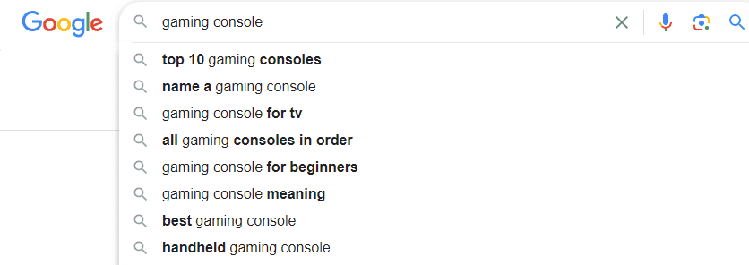 Google autocomplete example on gaming console