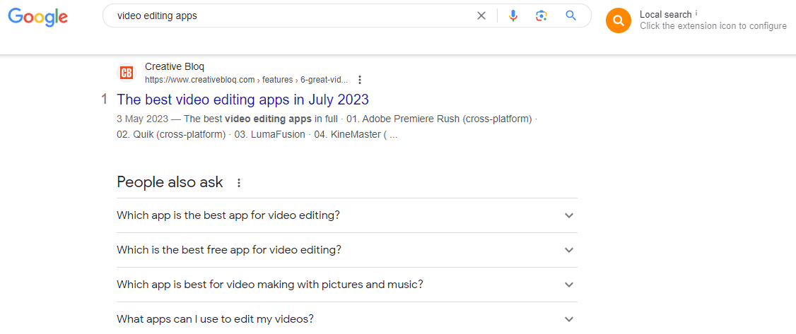 Searching for video editing apps on google