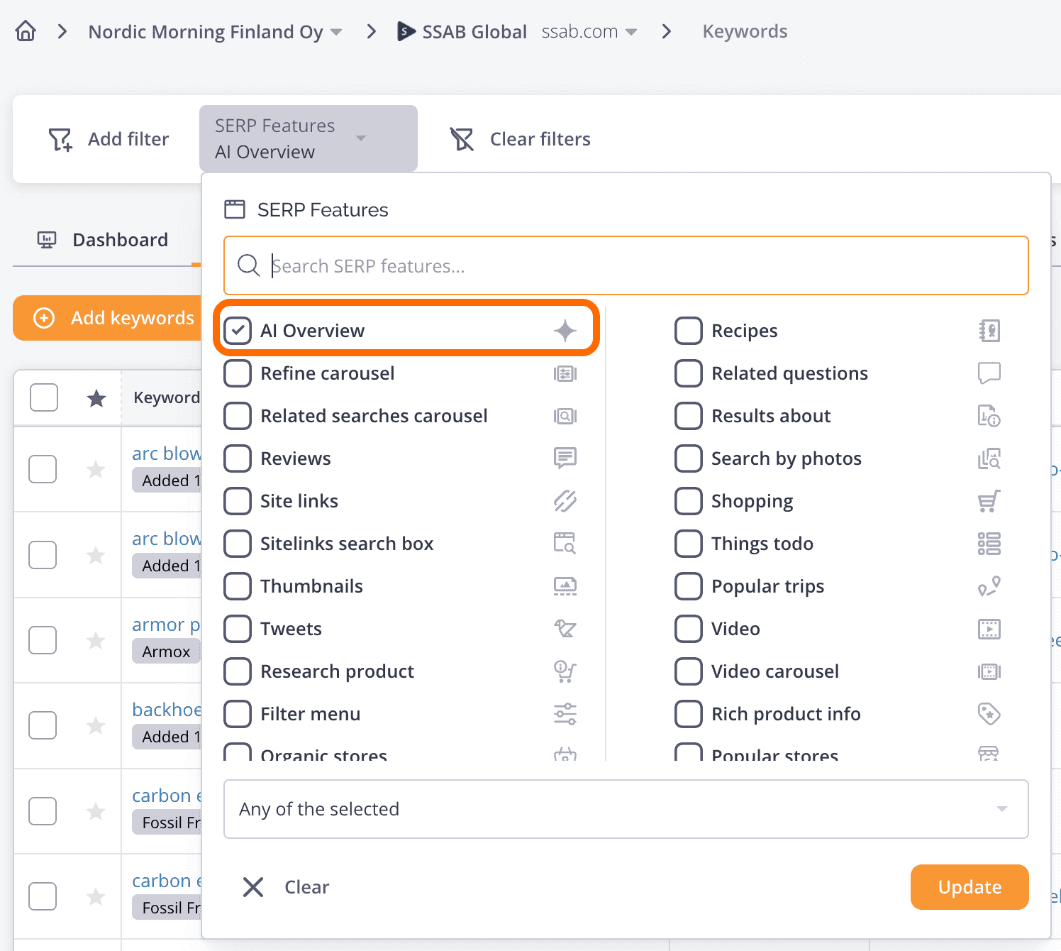 AI Overview SERP Feature filter in Accuranker