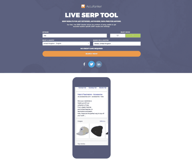 Accuranker live SERP tool- Location-specific search results