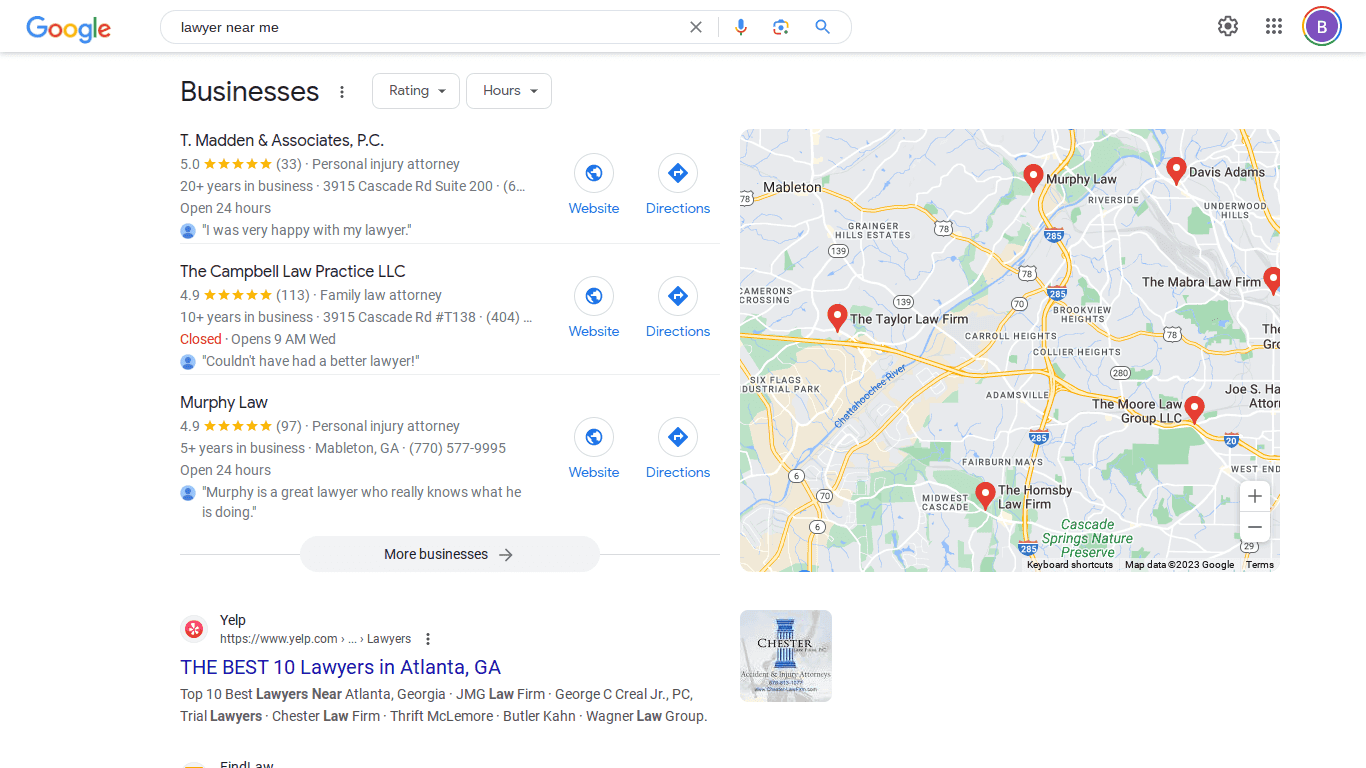 Google Map Pack for keyword laywer near me