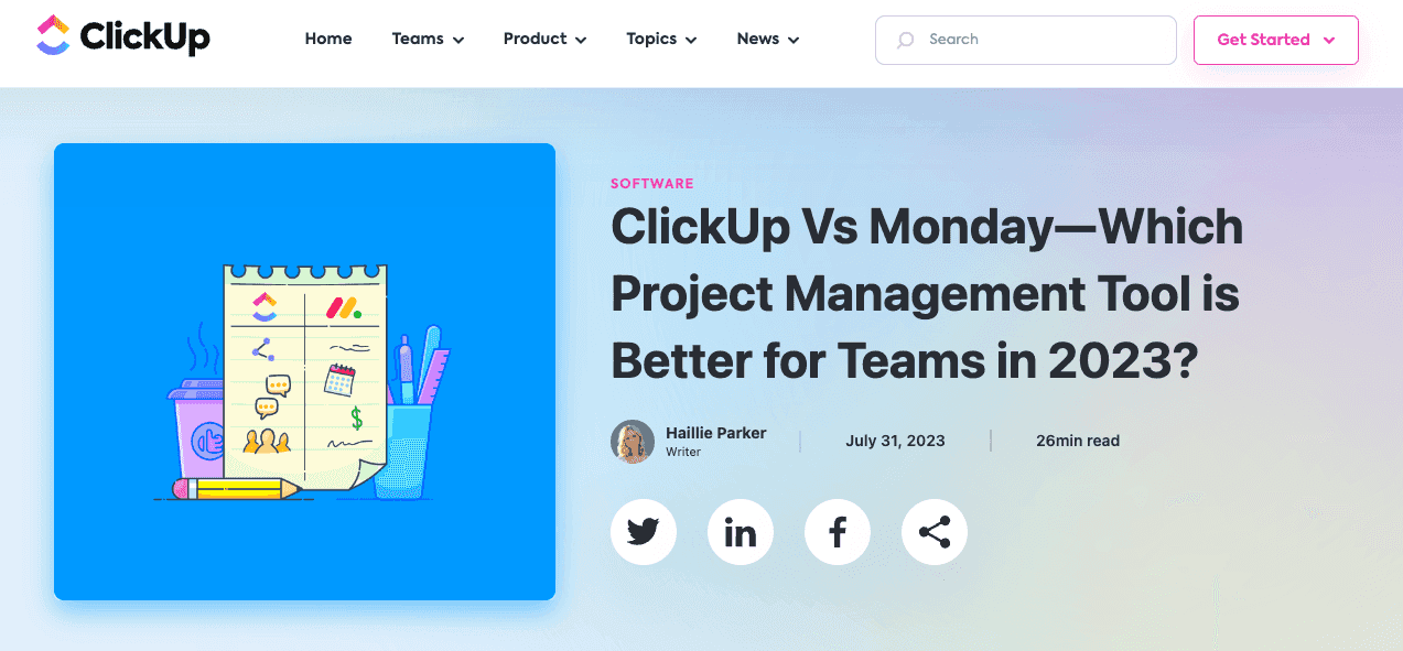 blog post by ClickUp that mentions their brand and their top competitor Monday